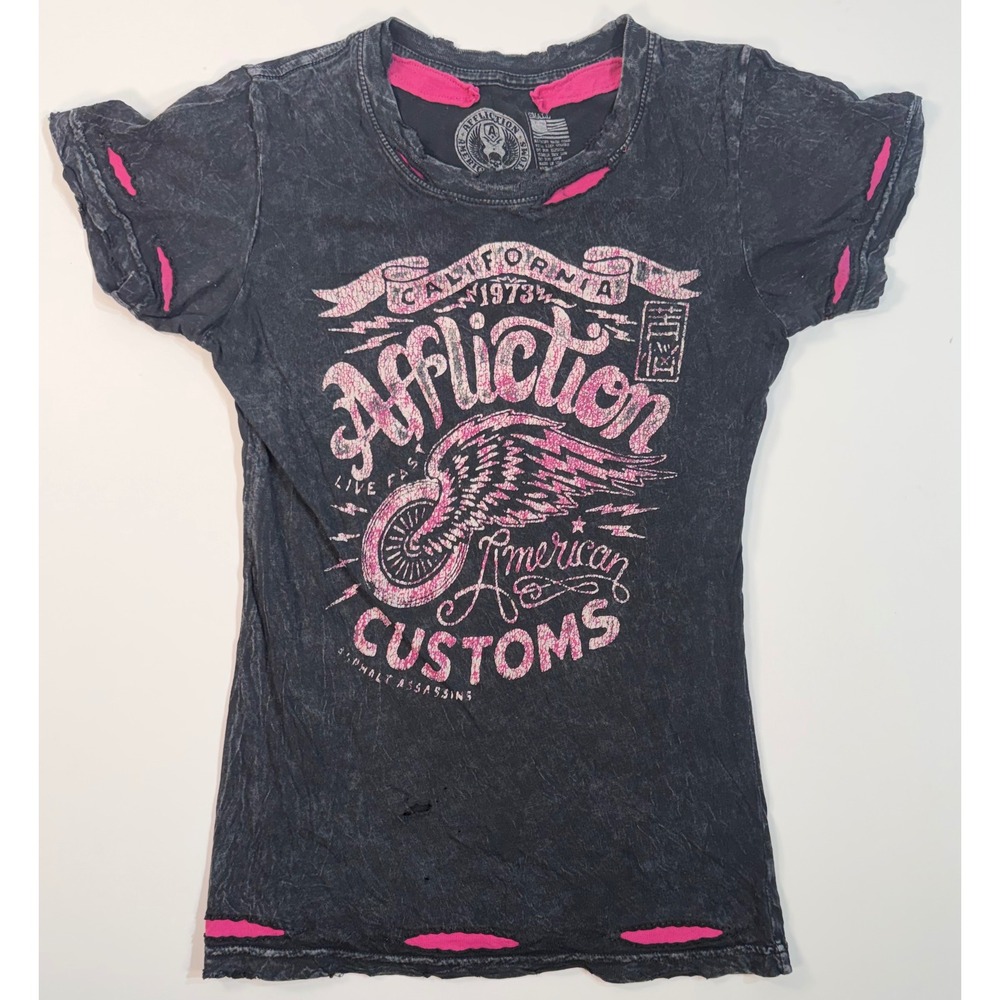 Affliction American Customs Graphic Tee Small Black Pink Distressed Y2K Biker